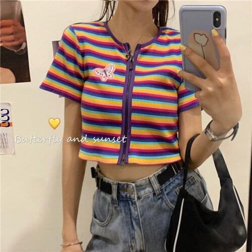 Woman Tshirts Short Summer Top Rainbow Striped Zipper Short Sleeve Knitted Female Crop Top Mujer Camisetas