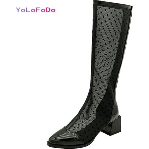 2021 Summer Women Knee High Boots Patent PU Leather Women Mesh Boots Zipper Pointed Toe Ladies Calf Boots Women Square Heel Shoe