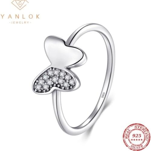 YANLOK Authentic 925 Sterling Silver Clear CZ Butterfly Finger Rings For Women Wedding Statement Band Anniversary Gifts
