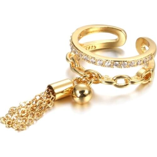 Link Chain Tassel Ring Zirconia with Spike Pendant Charm Finger Ring for Women Opening Adjustable Ring Jewelry Gifts