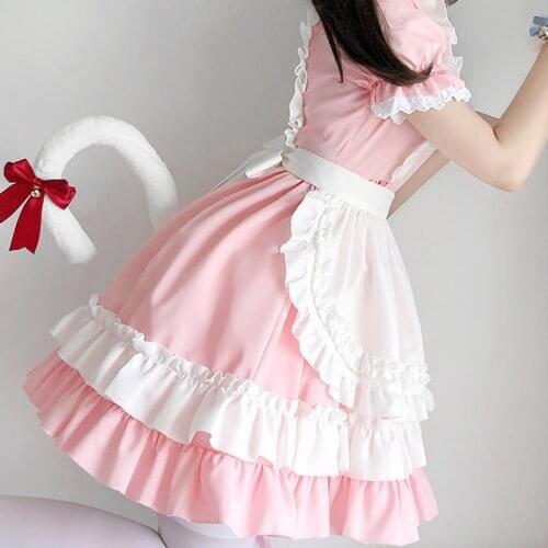 Girls Cute Cat Lolita Maid Dress Pink Costumes Cosplay Suit Headwear Woman Waitress Maid Party Stage Costumes No Wristband