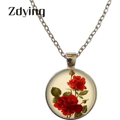 Zdying Vintage Retro Rose Flowers Necklace Pendant Glass Flower Photo Dome Charms Necklaces For Woman Girls Jewelry FW014