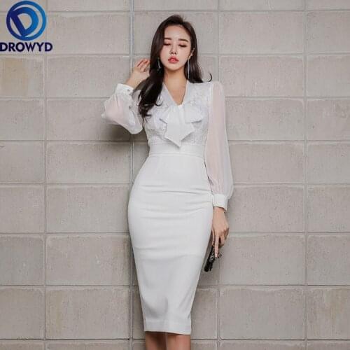 White Pencil Office Dress 2021 Summer Elegant Women Party Dress Chiffon Long Puff Sleeves Lace Stitching High Waist Tight Dress