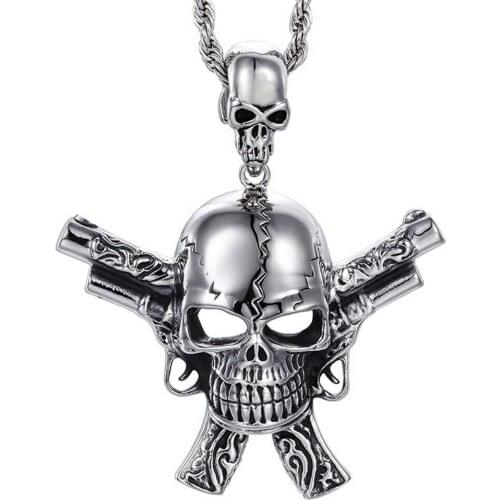24inch Gothic Punk Men Pendant Necklace Stainless Steel Skull Head Gun Pendant Box Chain Skull Necklace Jewelry