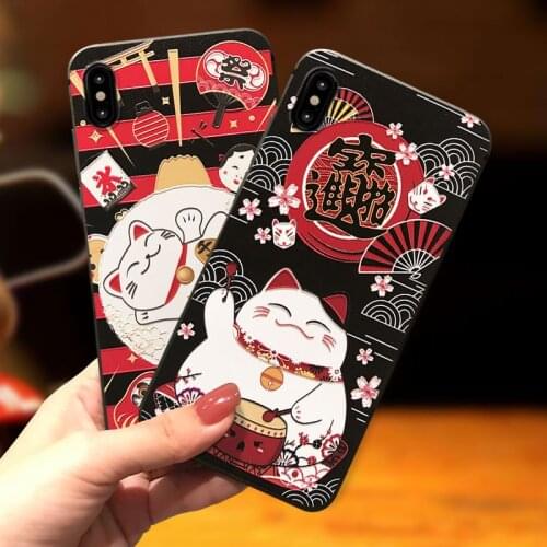 Lucky Cat 3D Emboss Phone Case for iPhone X XS XR 11 12 Pro Max Soft Matte Back Cover for iPhone 6 6S 7 8 Plus Capa Fit Coque