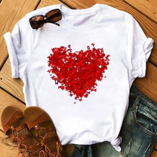Red Heart Butterfly Print Women Tshirt Fashion Casual O Neck Female T Shirt 90s Lady Yong Girl New Valentines Day Gifts