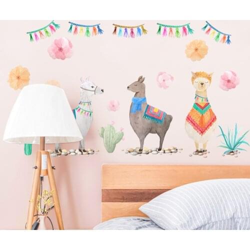 Hot Cartoon Animals Alpaca Llama Wall Stickers Beautiful Cactus Plant Decals For Living Room Music Birthday Party Theme Gift