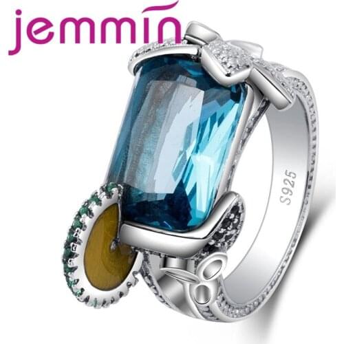 New Arrival Exquisite Craft Fashion Lady Big Blue Squre Creative Jewelry 925 Sterling Silver Ring Gear Size 6 7 8 9 10