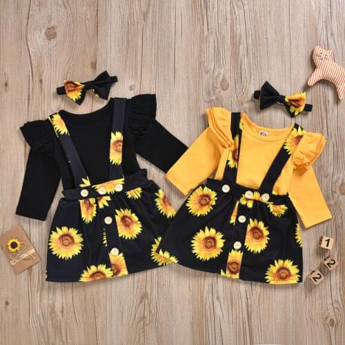 Toddler Baby Girls Sunflower Floral Romper Bib Dress Headband Outfits Sundress Girls Clothes