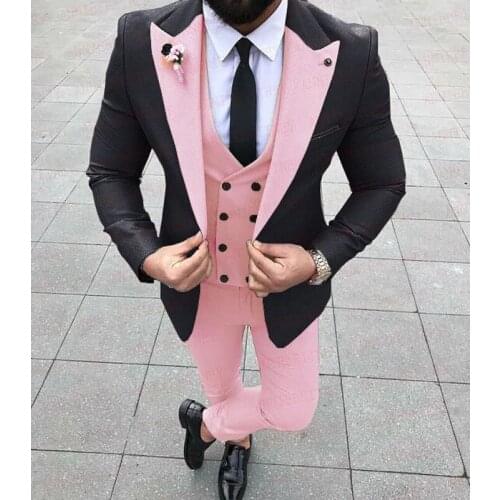 Wedding Black Jacket Pink Double Breasted Vest Pant Costume Homme Slim Fit Men Suits 3 Pcs Groom Prom Blazer Terno Masculino