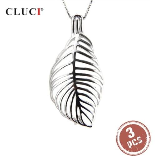 CLUCI 3pcs 925 Sterling Silver Pendant for Women Necklace Jewelry Making Silver 925 Leaf Shaped Pearl Pendant Locket SC195SB