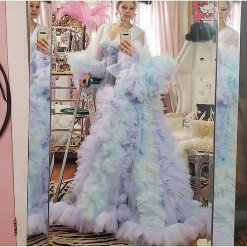 Chic Colorful Tutu Ruffles See Thru Women Robe To Birthday Party Robe Women Kimono Long Maxi Dress Gown Mesh Long Sleeve