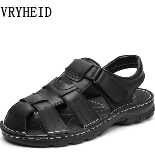 VRYHEID Outdoor Trekking Men Sandals Handmade Genuine Leather Non Slip Collision Avoidance Quick Drying Beach Shoes Big Size 48