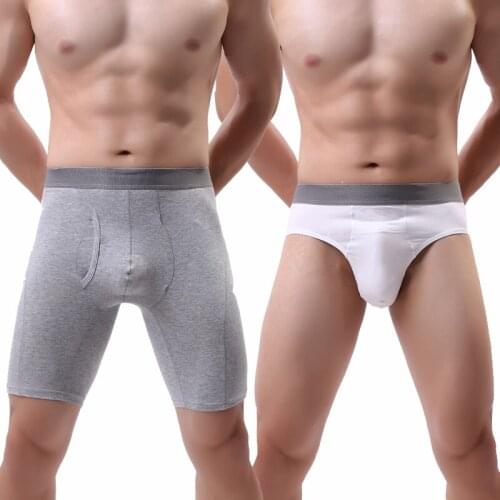 Mens Underwear Mens Long Boxer Breathable Natural Cotton Men Panties Briefs Shorts Sexy U Convex Front Opening Male Underpants