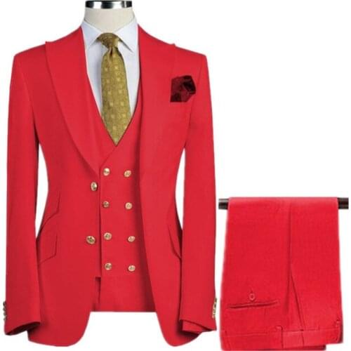 New Style Slim Fit Men Suit Red Peak Lapel Bridegroom Business Casual Evening Tuxedo 3 Pcs ( Blazer+Pant+Vest) Custom Man Suit