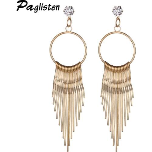 PAGlisten Silver-Color Big round Earrings Jewelry Accessories Long Metal chain tassel Rhinestones earring Vintage Earrings
