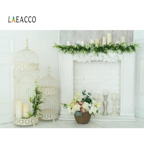 Laeacco Gray Fireplace Candle Basket Flower Wreath Cage Child Portrait Photo Backdrops Photo Backgrounds Photocall Photo Studio