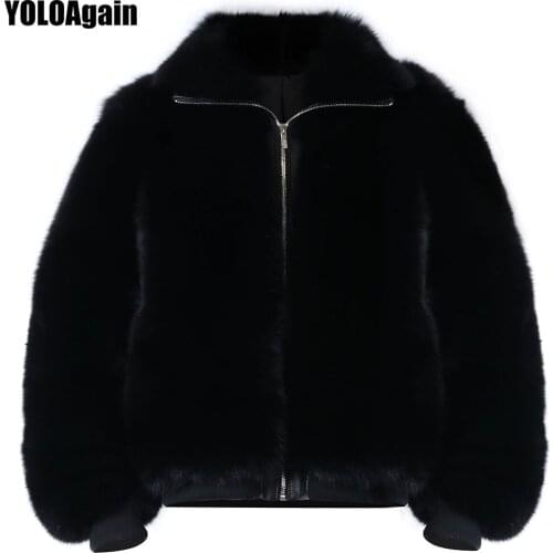 YOLOAgain High Quality Thick Warm Women Turn Down Collar Real Fox Fur Baseball Jacket Coat
