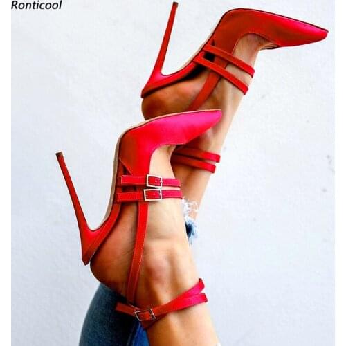 Ronticool Handmade Women Ankle Strap Sandals Satin Sexy Stiletto Heel Pointed Toe Fuchsia Red Pink Party Shoes US Size 5-15