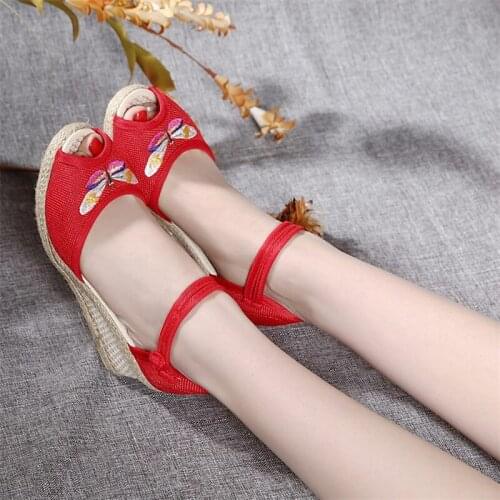 YourSeason Dragonfly Embroidered Ladies Peep Toe Linen Wedge Shoes Espadrilles Handmade Women Casual Ankle Strap Sandals Summer