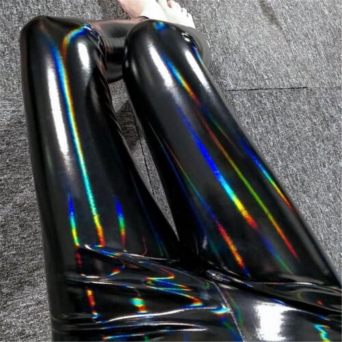 PU Leather Leggings Women High Waist Black Rainbow Punk Push Up Leggings Standard Solid Legging
