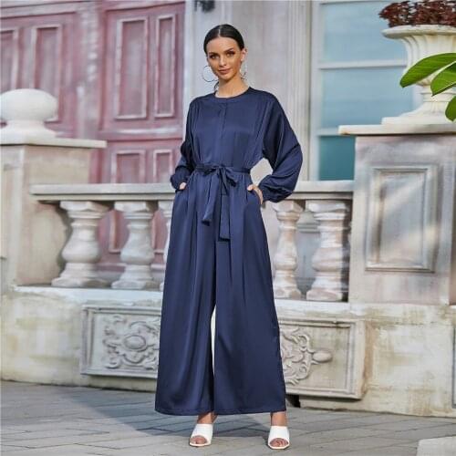 2021 New Arrival Jumpsuit Dubai Turkey Full Sleeve Satin Muslim Dress Women Office Lady Abayas Loose Casual Islamic Clothing