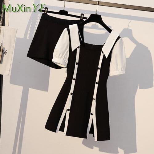 Summer Dress Suit Women 2021 New Plus Size Slim Puff Sleeve Mini Skirt Shorts Two-piece Korean Fashion Elegant Clothes Suit