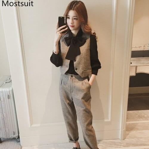2020 Spring Office Fashion 3 Piece Sets Women Black Bow Shirt + Vest + Pants Suits Korean Ol Style Workwear Female 3 Pcs Sets