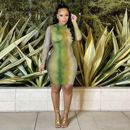 ANJAMANOR Sexy Striped Mesh Sheer Bodycon Dresses for Women Autumn 2021 Birthday Party Clubwear Long Sleeve Midi Dress D66-BH14