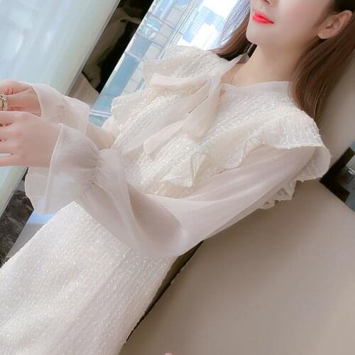 2021 New Spring Autumn Women Bow Collar Slimming Chiffon Dress Flared Sleeves High Waist Elegant Casual Mini Short Dresses Y566