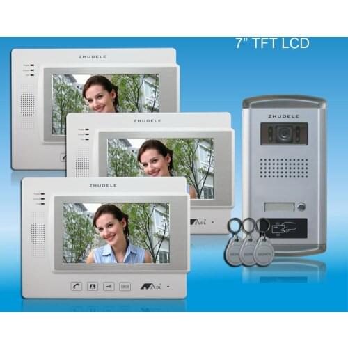 ZHUDELE Home protection 4-WIRED7 inch luxury Color Video doorphone,ID card unlocked,touchscreen ,nightvision,CCD camera (1 to 3)