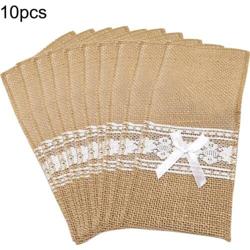 10pcs Christmas Natural Jute Burlap Lace Cutlery Tableware Holders Fork Knife Packaging Pocket For Wedding Table Ornament