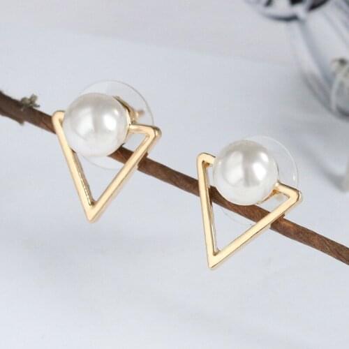 12 Pairs/Lot Double Imitation Pearl Stud Earrings Hollow Triangle Gold Silver Color For Women Earrings Female Pendientes Ear