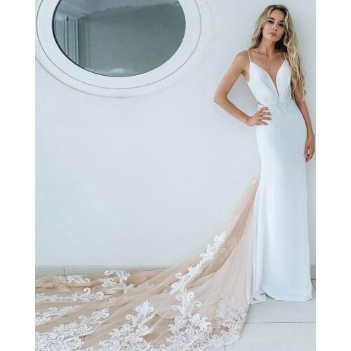 Satin Mermaid Wedding Dress Vestido De Noiva Sereia Aliexpress Login Shoulder Straps Deep V-neck Appliques Pleat White Gowns