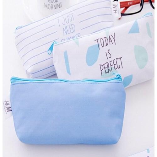 1pcs Korea cute small fresh island blue canvas pencil case for elementary school students multifunctional large capacity