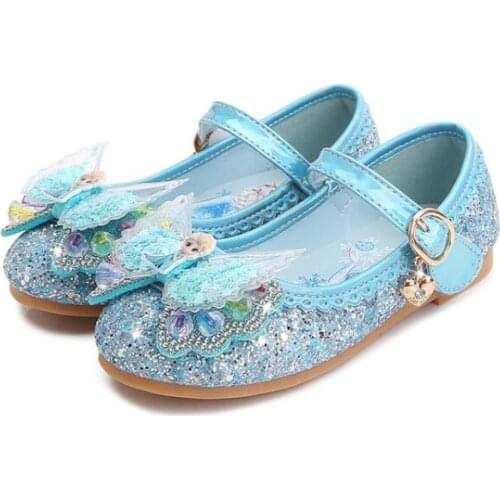 Kids Princess Elsa Sandals Girls Glitter Leather Shoes Fashion Bow Party Wedding Dress Flat Shoes Children Banquet Sandals