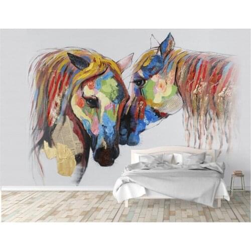 European-style hand-painted color couple horse oil painting background wall custom large mural wallpaper