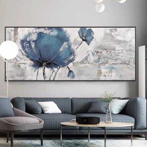 Blue Flower Nordic Picture Hand Painted Modern Abstract Oil Painting On Canvas Wall Art For Living Room Home Decor No Frame