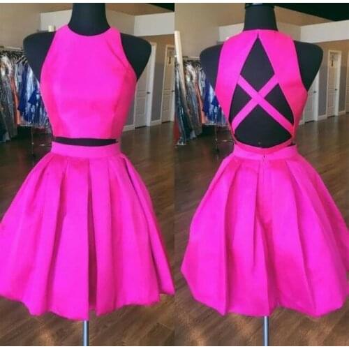 Short Rose Red Two Pieces Homecoming Dresses with Pockets Knee Length Criss Cross Back Taffeta Graduation Dress for Juniors