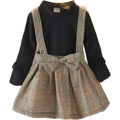 Ins Spring Kids Girls Casual Fake 2 Piece Long Sleeve Plaid Dress Costume Baby Children Dresses