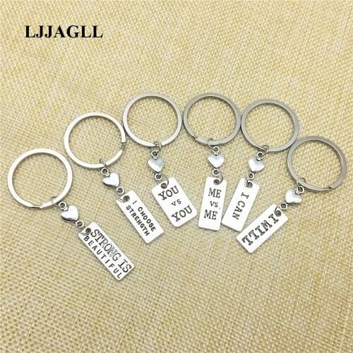 Rhodium Color Metal 6pcs/lot Handmade Keychains Vintage Sports Charm Fitness Tag strength alphabets Key Chains Diy Make AYSQ129