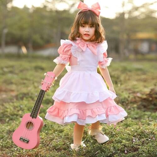 Girls Japanese Sweet Lolita Kawaii Dress With Headband Party Clothes Fashion Outfit Bow Lace Princess Dress Up Costume