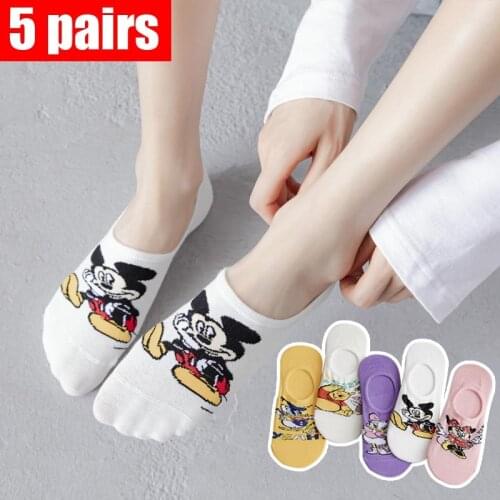 5 Pairs Disney Summer women socks kawaii Cartoon Animal Bear mouse Socks Cute Funny Invisible cotton girl Ankle Sock Size 35-40