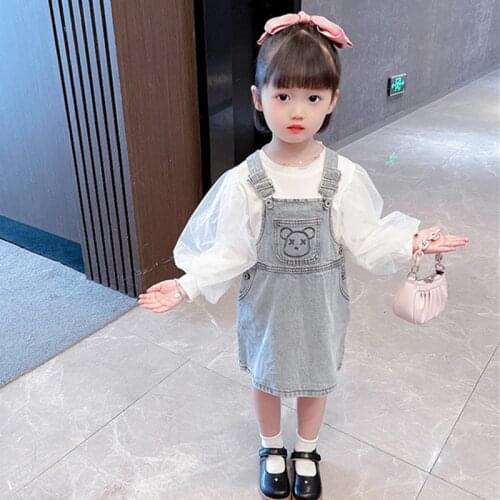 2021 Autumn Children Clothes Girls Elegant Party Set Fashion White Puff Sleeve Bottoming Shirt+Lovely Bear Denim Strap Skirt Set