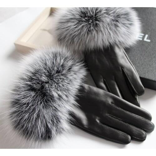 Autumn and Winter Foxes Hair Small Sheepskin Gloves Female Cashmere Temperament with Sheep Skin