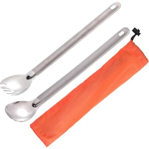 Half Polished long handle titanium spoon and fork Ti Ultra Lightweight Camping Utensil Spork for Backpack Hiking Outdoor 2pack