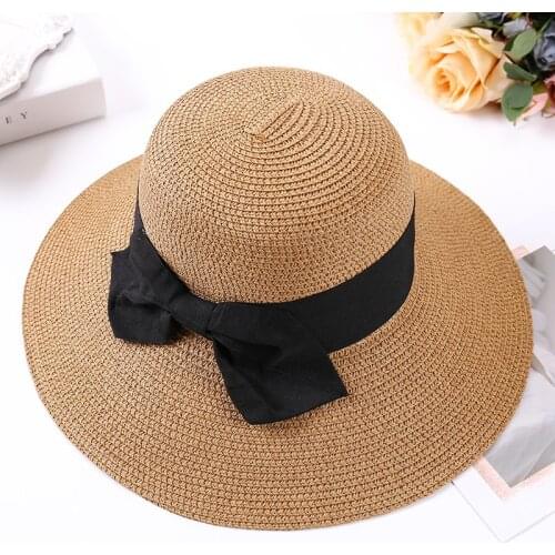 Large-edge Straw Sun Hat Womens Summer Outdoor Outing Sunscreen Sun Hat Korean Version Bowknot Folding Beach Hat Wholesale