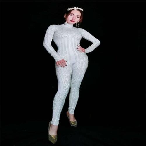 Y04 Party sexy women pearl bodysuit Elastic jumpsuit female pole dance dresses disco wears show clothe party dance costumes club