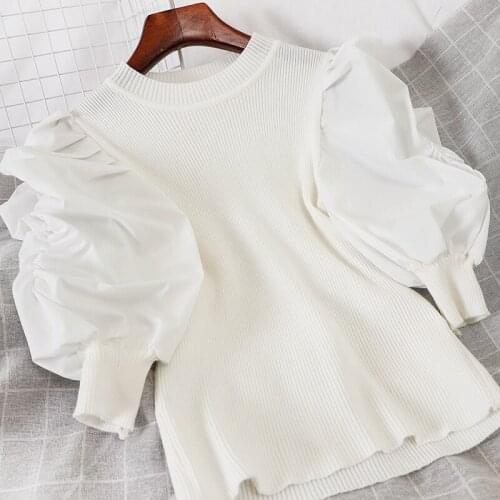 2021 Summer New French Elegant Round Neck Solid Slim Pit Stitching Bubble Lantern Sleeve Knitted Top
