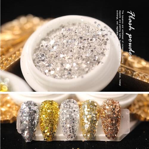 6 pcs / Set 3D Mermaid Glitter gold Nail Hexagon Flakes Colorful Glitter UV Gel Glitter Varnish Powder Dust DIY Charm
